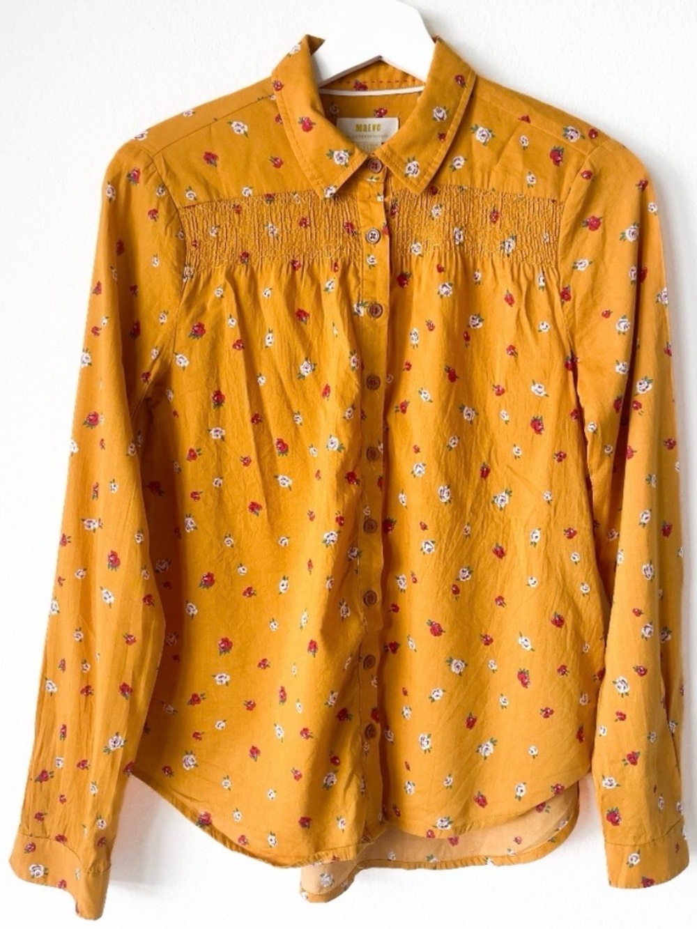 Anthropologie Mustard Yellow Floral Button-Front Blouse